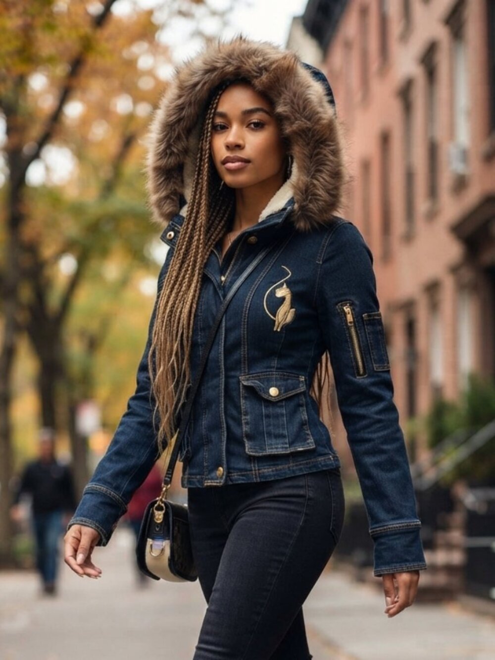 Vintage Y2K Baby Phat Denim Hooded Jacket Size S Fur Hood Crystal Cat Logo